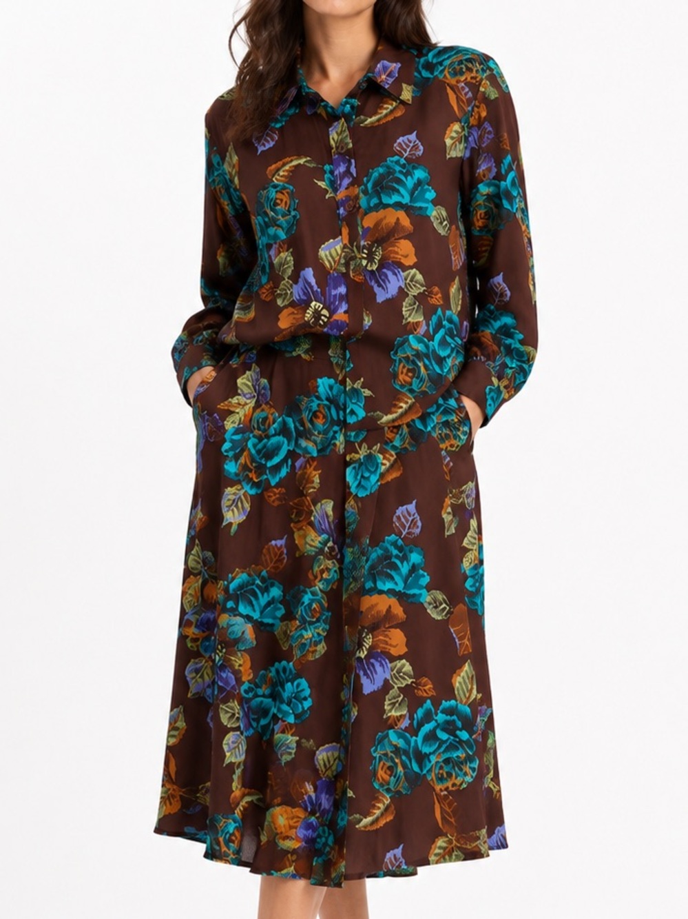 NWT Vintage Diane Von Furstenberg Silk Assets Floral Blouse Skirt Set Brown Sz L